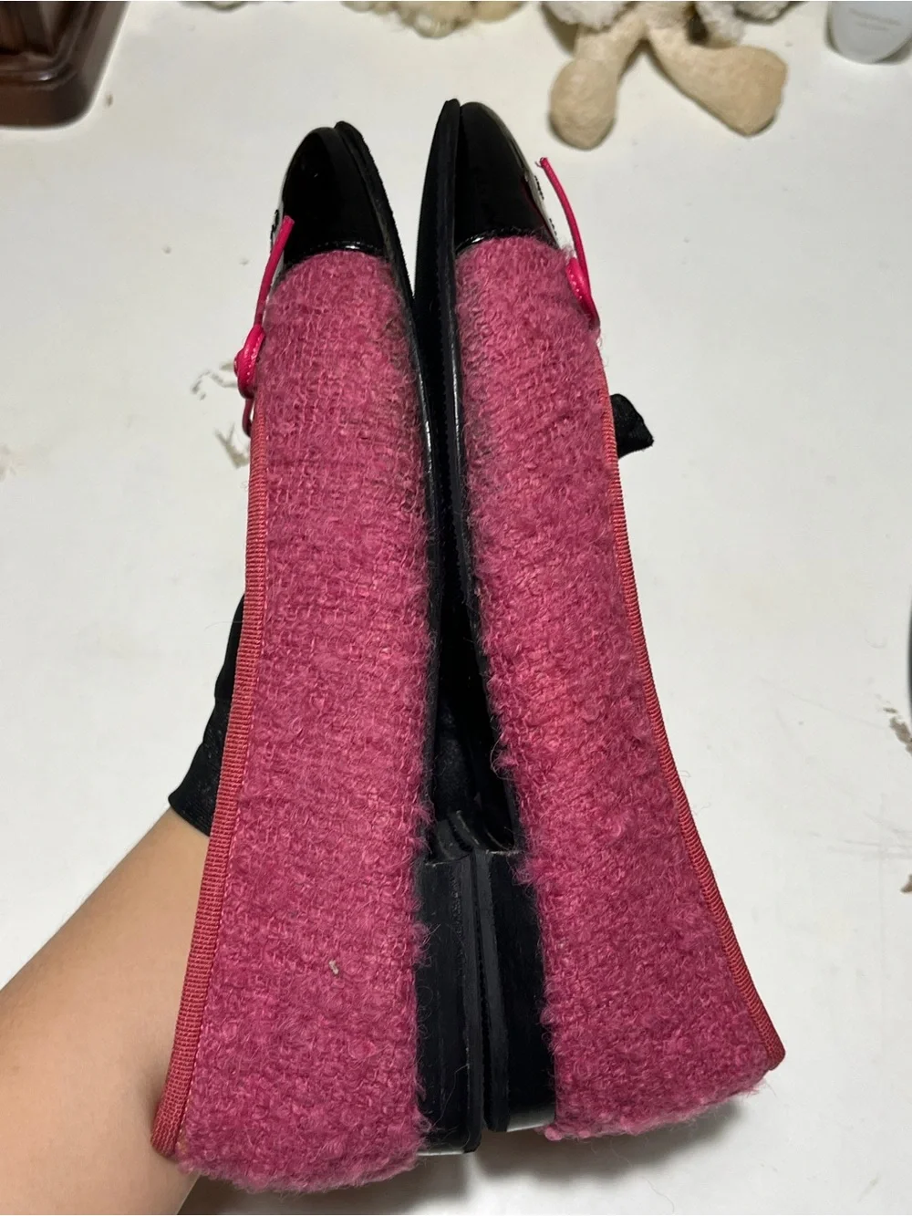 CHANEL Pink Bouclé Ballet Flats with Black Patent Cap Toe